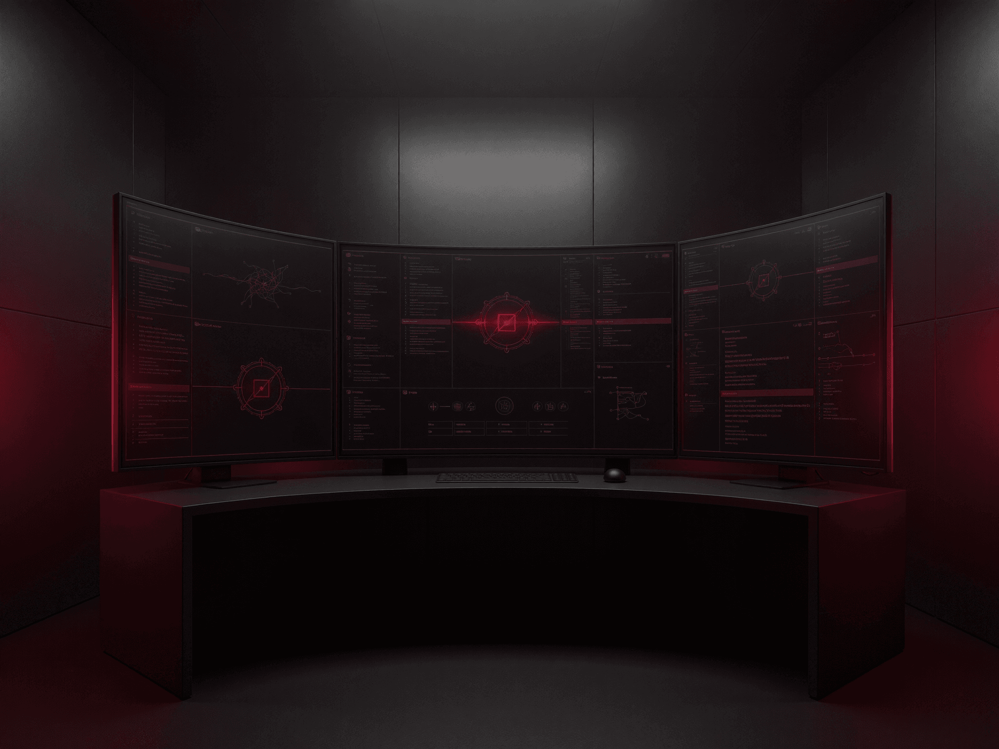 Command center with curved monitors showing security dashboards
