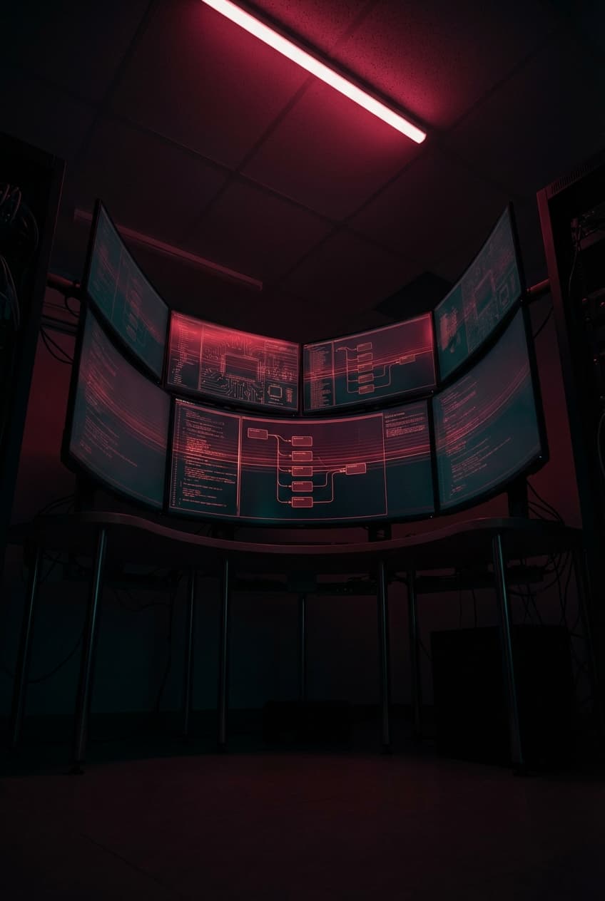 Dimly lit command center with cascading automated process pipelines on curved monitors