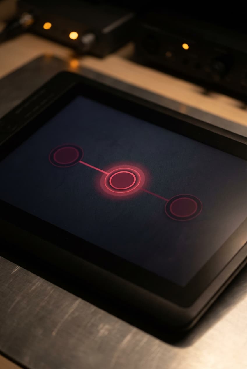 Tablet displaying step-by-step workflow with crimson progress indicators