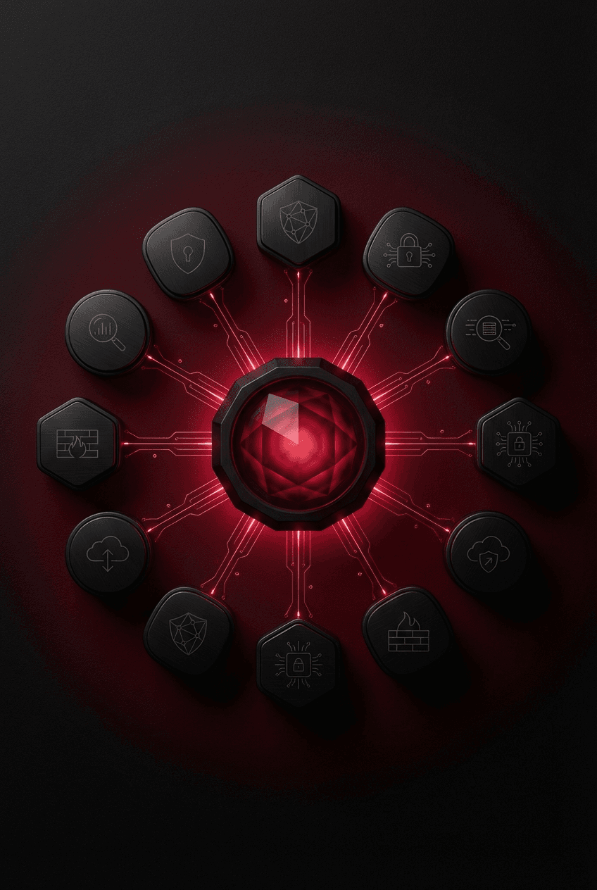 Overhead view of hexagonal tool modules orbiting a crimson-glowing core