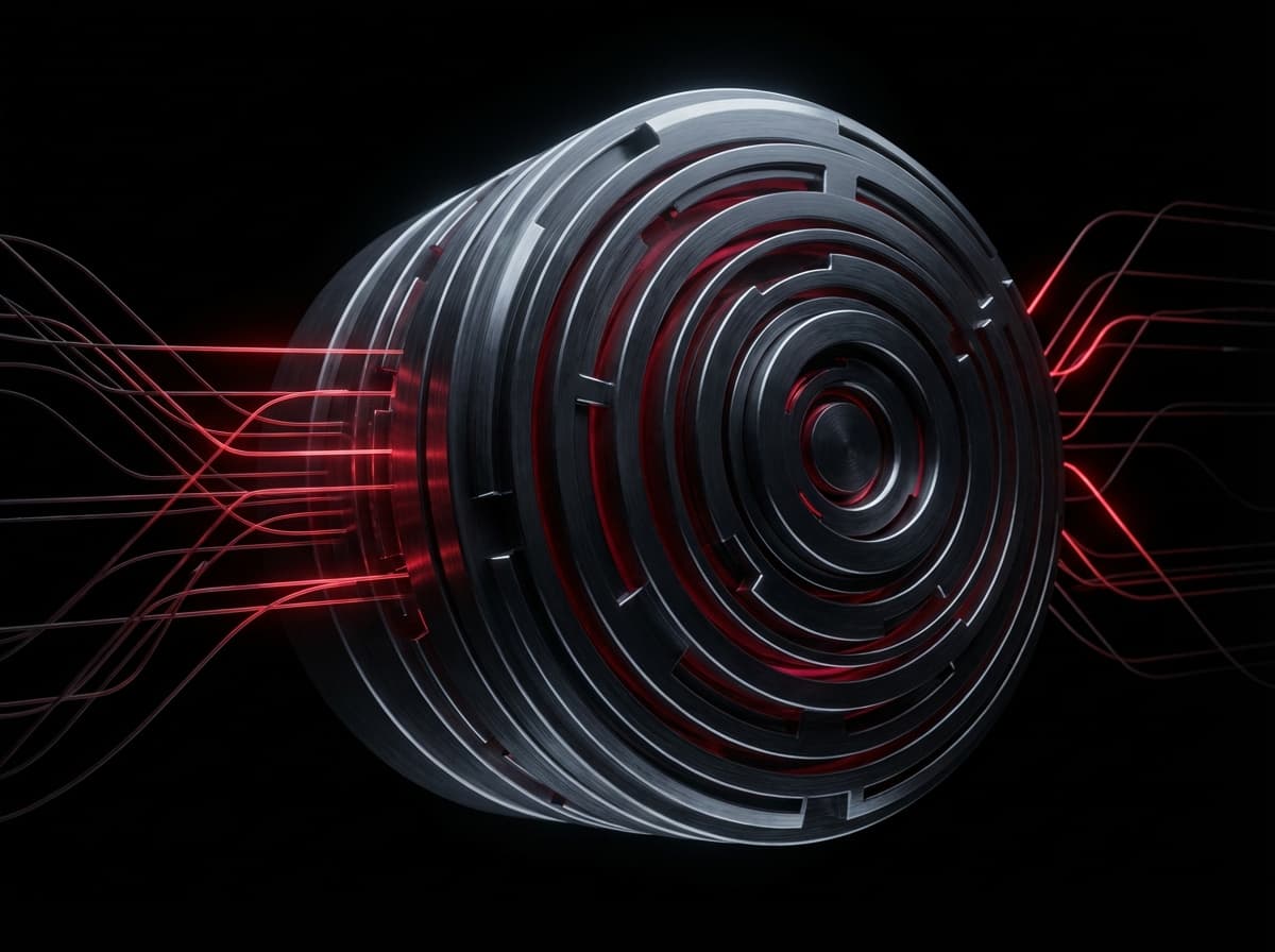 Digital lock mechanism with crimson authentication pathways glowing in darkness