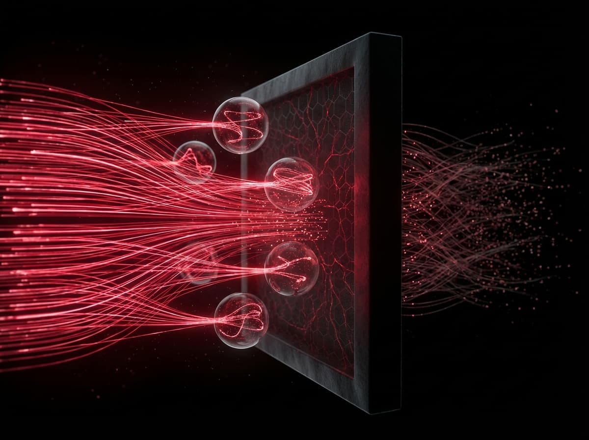 Data streams converging through privacy filter with deep red accent lighting