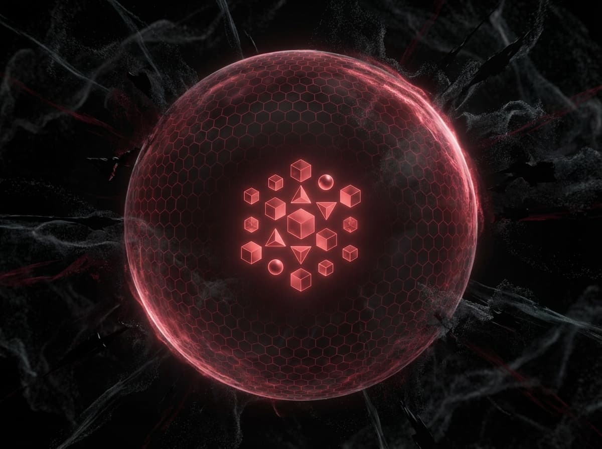 Enclosed glass vault with atmospheric crimson security perimeter in dark environment