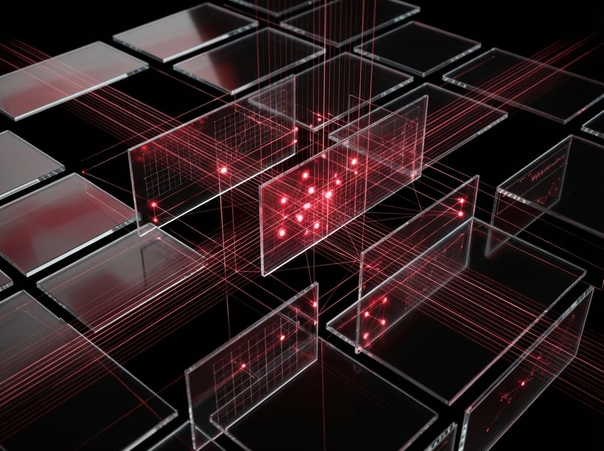 Abstract web architecture nodes connected by crimson security pathways